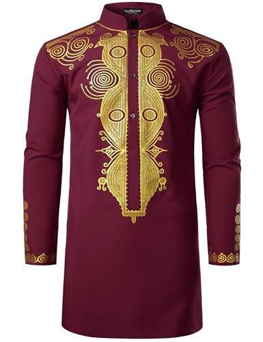 LucMatton Men's African Traditional Dashiki Luxury Metallic Gold Printed Mid Long Wedding Shirt Burgundy X-Large