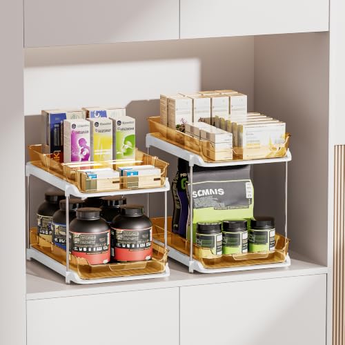 Image of Delamu 2-Tier Multi-Purpose Bathroom Under Sink Organizers and Storage, Stackable Kitchen Pantry Organization, Pull Out Medicine Cabinet Organizer with Movable Dividers, Golden, 2 Pack