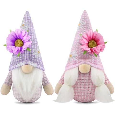Gehydy Set of 2 Spring Gnomes Plush Summer Easter Sunflower Gnome Decoration Handmade Scandinavian Tomte Stuffed Farmhouse Decor for Home Kitchen Tiered Tray - Pink & Purple Cover