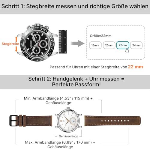 Fullmosa Echtleder Uhrenarmbänder 22mm Schnellwechsel-Armband für Damen & Herren, 2er Set Wechsel Lederarmbänder mit Edelstahl-Verschluss, Kaffee & Schwarz mit Schwarz-Verschlüsse