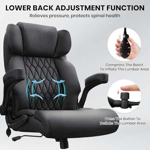 500lbs Big and Tall Office Chair Adjustable Lumbar Support for Back Pain, Extra Wide Seat Executive Office Chair Thick Armrest Pad, Heavy Duty Base Ergonomic Computer Desk Chair image 4