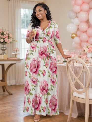 Image of SUZONANA Plus Size Dresses for Women Floral Print Maxi Dress Flowy 3 /4 Sleeve with Belt