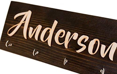 PLS Market Personalized Wall Key Hanger Unique Custom Key Ring & Jewelry Rack Holder - Customize with Your Name | Dark Rustic Natural Wood 4 Hooks Decorative Kitchen, Garage, Living, Closet