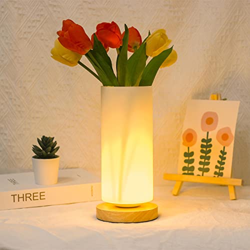 Gimurm Led Bedside Lamp,Usb Rechargeable Vase Table Lamp,Dimmable Cordless Lamp,Flower Lamp,Frosted Glass Shade Large Table Lamp With Wood Base For Bedroom Office Desk Living Room Type-C (Round) #TOP1