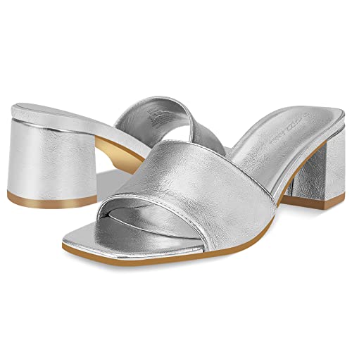 Pizz Annu Women's Square Open Toe Heels Sandals Low Block Chunky Heeled Sandal Slip On Mules Comfortable Casual Dress Pumps Shoes, Silver 10 #TOP2