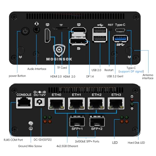 MOGINSOK マイクロファイアウォールアプライアンス 2x10GbE SFP+ Mini PC、Intel Raptor Lake U300E ベアボーン No RAM SSD 4xIntel I226-V 2.5GbE 2*Intel 10Gb ネットワークカード ファイアウォール ホームサーバー/ルーター 1xコンソール