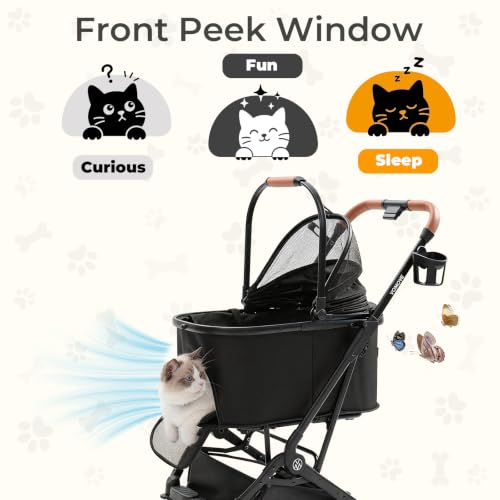 VOMOVE Pet Stroller for Cats and Small Dogs, Cat Strollers for 2 Cats with Detachable Carrier, Safety Leashes, Ventilated, Foldable,Pet Car Seat, All-Terrain Wheels, Storage Basket & Cup Holder, Black — view 4