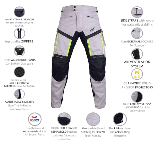 Hwk Motorcycle Pants Cargo Pants Work Pants For Men Dirt Bike Adventure Dualsport Racing Riding Rain Waterproof Pant Hi-Vis 4-Season Armored All-Purpose (Waist32''-34'' Inseam30'') Silver #TOP1