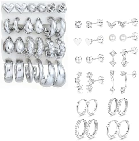 24 Pairs Chunky Silver Hoop Earrings for Women Trendy, Silver Plated Lightweight Thick Open Twisted Stack, Non Tarnish Huggie Hoops Earring Set image 5