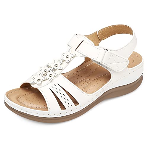 SHIBEVER Wedge Sandals for Women Dressy: White Size 8 Low Summer Platform Comfort Dress Sandal - Comfortable Walking Sandals - Casual Flower Flat Womens Sandal