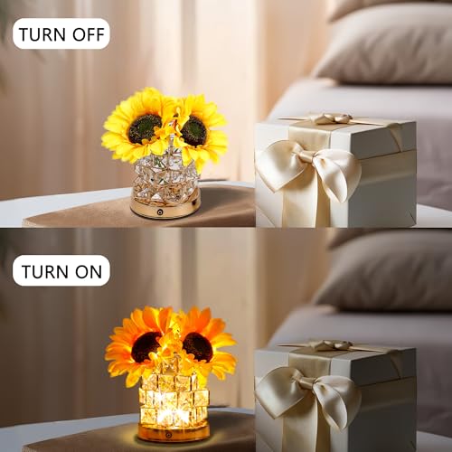 Image of Sunflower Flower Lamp Gifts for Women, 3 Color Dimming Night Light for Womens Mom Her Daughter Christmas Anniversary Birthday Gifts, Bedroom Coffee Shop Decor Rechargeable Cordless Touch Lamp
