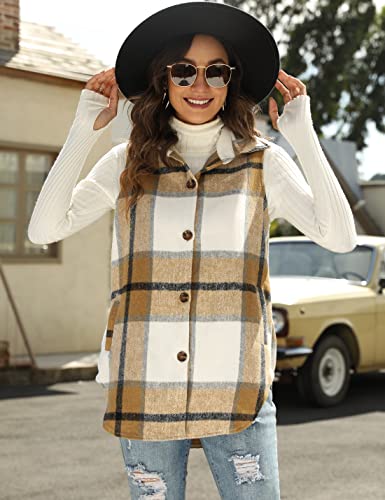 UANEO Womens Fall Flannel Plaid Vest Button Down Sleeveless Shirt Jacket With Pockets (Khaki-M)
