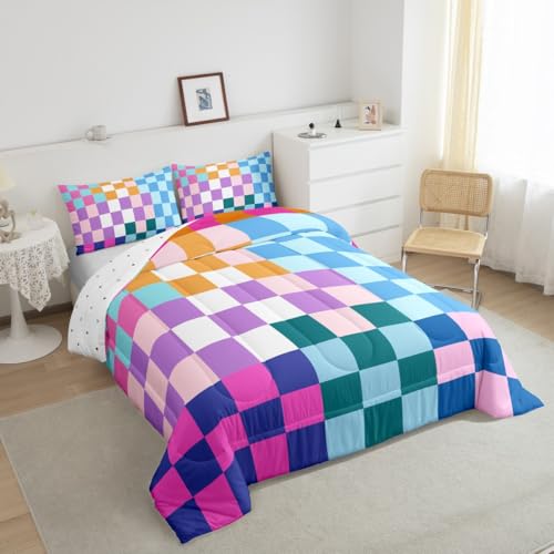 Image of Feelyou Multicolored Checkered Retro Bedding Set Kids Boys Girls Geometric Vintage Comforter Set King Size Rainbow Colorful Duvet Insert Modern Simple Groovy Aesthetic Room Decor