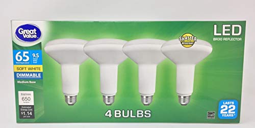 Great Value LED Light Bulb, 9.5W (65W Equiv.) BR30, Dimmable, Soft White, 4-Pack