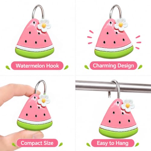 Image of Watermelon Shower Curtain Hooks 12 Pack Resin Cute Bathroom Hooks | Cute watermelon design resin shower curtain hooks, 12 pack, durable, smooth finish, adds fun bathroom decor style