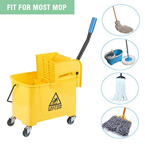 Samger S Commercial 5 Gallon 21 Quart Mop Bucket With Wringer On Wheels 16.92”X 11.02”X 27.55” Portable Plastic Mop Wringer Bucket With Metal Handle For Home And Commercial Floor Cleaning, Yellow #TOP1
