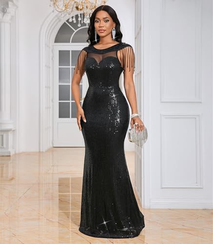 Image of Cololura Women Sexy Sequin Mesh Perspective Bodycon Party Cocktail Evening Gown Maxi Dress