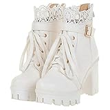 Parisuit Womens Chunky Platform Ankle Boots High Heel Lace Up Boots Sweet Lace Back Zipper Shoes, White 1, 8.5