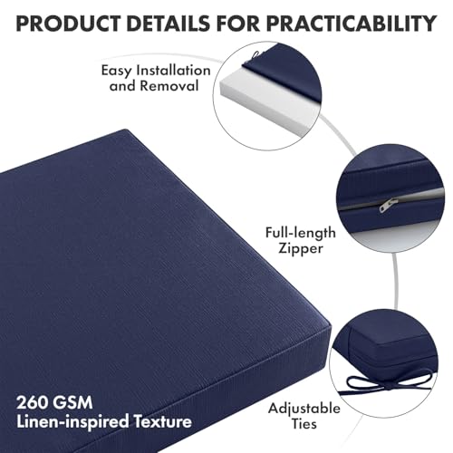 MIULEE Navy Outdoor Dining Cushion 20x20 Inch Waterproof & 3 Year Color Fastness Deep Seat and Back Cushion for Patio Furniture Chair with Ties