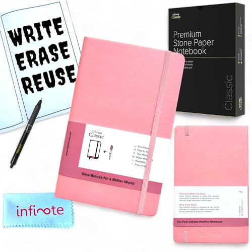 Image of Infinote Classic Reusable Stone Paper Smart Notebook includes 1 erasable pen (120 Pages | 60 Sheets | 120 Sides, Pink)