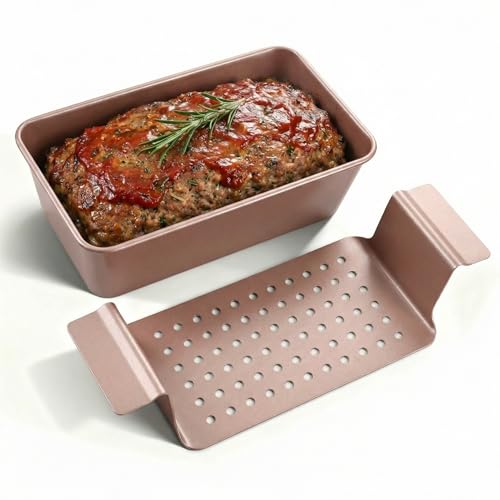qortyavvu 1 Pack Meatloaf Pan with Drain Tray Nonstick Loaf Bread & Meat Baking Pans Portable Lift and Serve Feature 9 x 5 Inch (Rose Gold)
