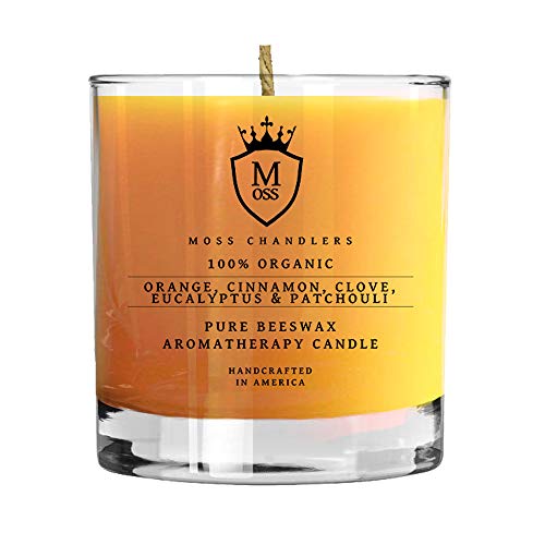 Moss Chandlers Orange, Cinnamon, Clove, Eucalyptus & Patchouli - 100% Organic Aromatherapy Scented Beeswax Candle - Organic, Safe, Non-Toxic & Non-GMO Candles from Glass Tumbler (9 oz)