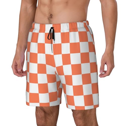 White Orange Squares Checkerboard Funny Men's Swim Trunks Board Shorts Quick Dry-3