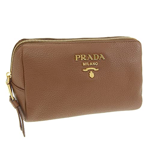 Prada Vitello Daino Cannella Brown Leather Cosmetic Pouch Clutch Bag Wallet 1ND004