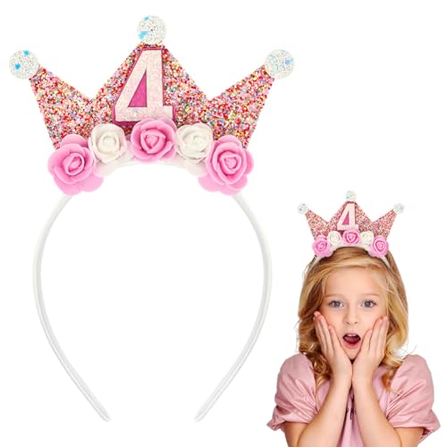 Alaoo 4th Birthday Girl Crown Headband,Princess Crown Flower Tiara Headbands,Birthday Glitter Hair Band for Toddlers Girls Birthdays Party Supplies Decorations Gift