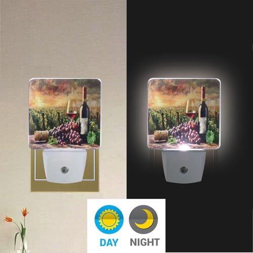 Image of Grapes Wine Glass Bottle Night Lights 2 Pack Plug-in Wall Led Nightlight Auto Dusk-to-Dawn Sensor Lamps for Bedroom Kitchen Bathroom