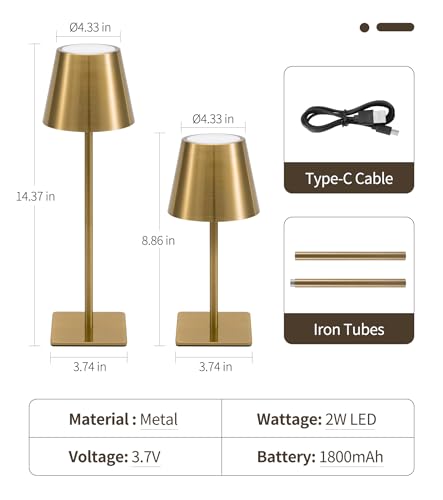 Image of UME Cordless Table Lamp, Battery Operated Lamp - Portable Waterproof Rechargeable Table Lamp w / 3 Color Temps & Stepless Dimming for Dinner, Desk, Cafe, Outdoor (Brushed Gold)