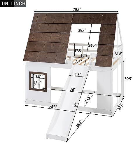 Polibi Wood Twin Size House Shaped Bunk Bed with Brown Roof,Window,Ladder and Slide,Bunkbed Frame for Boys & Girls,White+Brown