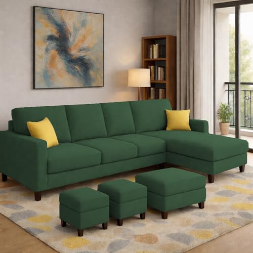 Image of Casaliving Rolando RHS 6 Seater L Shape Sofa with 2 Puffy & Ottoman Set for Living Room | Sofa Set for Living Room (Green) Premium Fabric 4 Seater Sofa