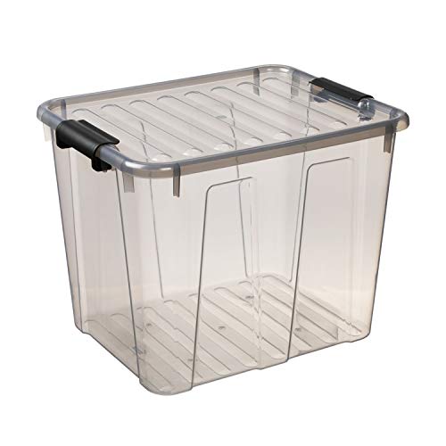 Plast Team Home Box Boîte de rangement empilable avec couvercle à clic 40 l (Transparent/gris)