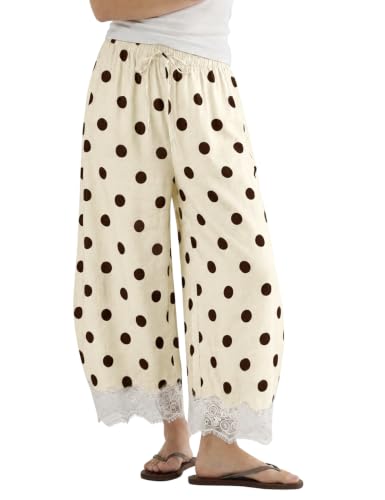 Athlisan Womens Polka Dot Wide Leg Palazzo Pants High Waisted Summer Lace Trim Cropped Baggy Trousers with Pockets(Beige-M)