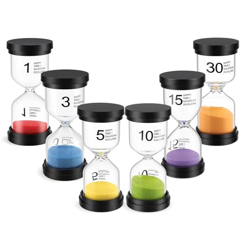 Reloj de Arena para niños, Set de 6 temporizadores 1/3/5/10/15/30 Minutos en Colores Surtidos, Reloj Arena Educativo para Juegos, Estudio y Cepillado de Dientes