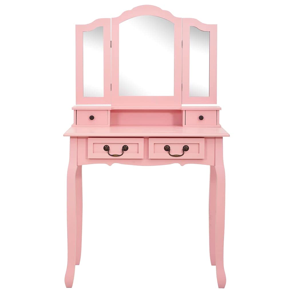 Coiffeuse avec tabouret, rose, 80 x 69 x 141 cm, en bois de paulownia, avec miroir, commode, espace de rangement pour maquillage, bijoux, parfum et accessoires de beauté pour chambre à