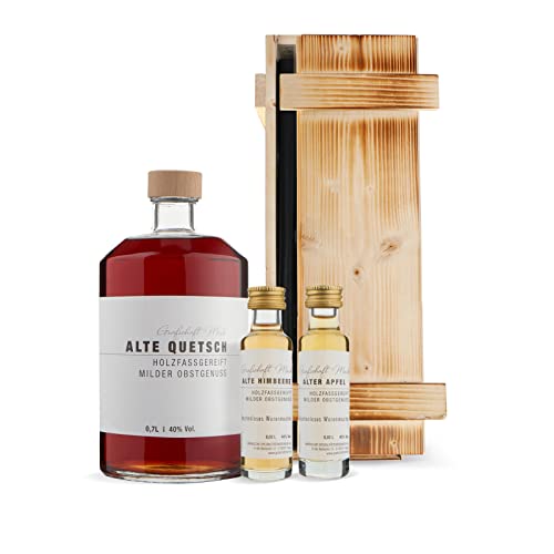 Grafschaft Mark Alte Quetsch Obstbrand Geschenkset 1x 0,7 L & 2x 0,02 L, 40% vol. Alk., edle Holzbox mit Quetschenbrand, Himbeerbrand und Apfelbrand, Obstler im Holzfass gereift, Schnaps Geschenk