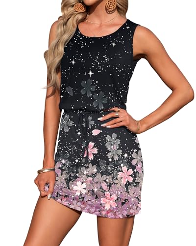 Image of AUSELILY Womens Summer Dress Casual Sleeveless Drawstring Short Dresses | Adjustable drawstring waist for a custom fit, plus 2 side pockets-perfect beach-to-street sundress