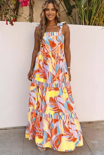 Image of AlvaQ Boho Dress for Women Spaghetti Strap Sleeveless Long Dress A-Line High Waist Beach Maxi Dress Fashion 2025 Yellow Large