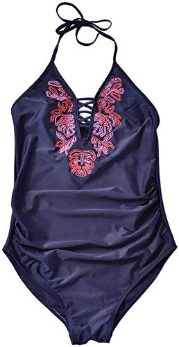 Women's Maternity One Piece Halter Ruched Swimsuit Bathing Suit Blue #TOP2