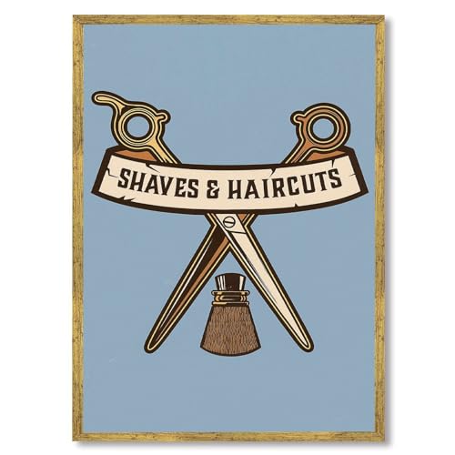 Framed Shaves & Haircuts Poster Canvas Print Art, Vintage Barber