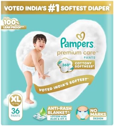 Pampers Premium Care Pant Style Baby Diapers XL 36 Count | No Marks Design | Voted India’s #1 Softest Diaper | All in 1 diaper with 360 Cottony Softness