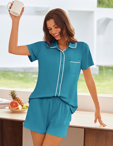 Image of Ekouaer Womens Pajama Sets Button Down Lounge Set 2 Piece Loungewear Soft Sleepwear Short Sleeve Pjs with Pockets