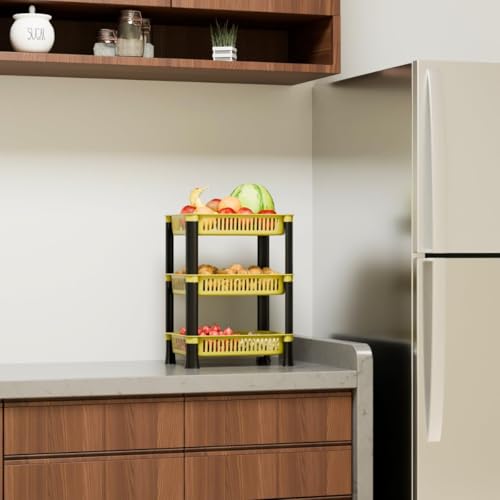 Image of Multipurpose Plastic Storage Rack for Kitchen | Foldable Vegetable & Fruit Organizer Stand for Onion, Potato, Sabji | Countertop Multi-Layer Basket Rack for Home, (Yellow, 3 layer)