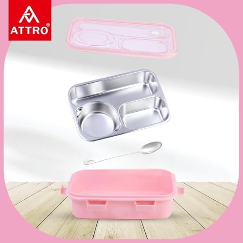 Image of ATTRO Lunch Pro Deluxe 3 Lunch Box with Detachable Inner Steel Compartments, Spoon, one Small Container, Heating Water Insulation Design, Foodgrade, Leakproof-750ml Pink