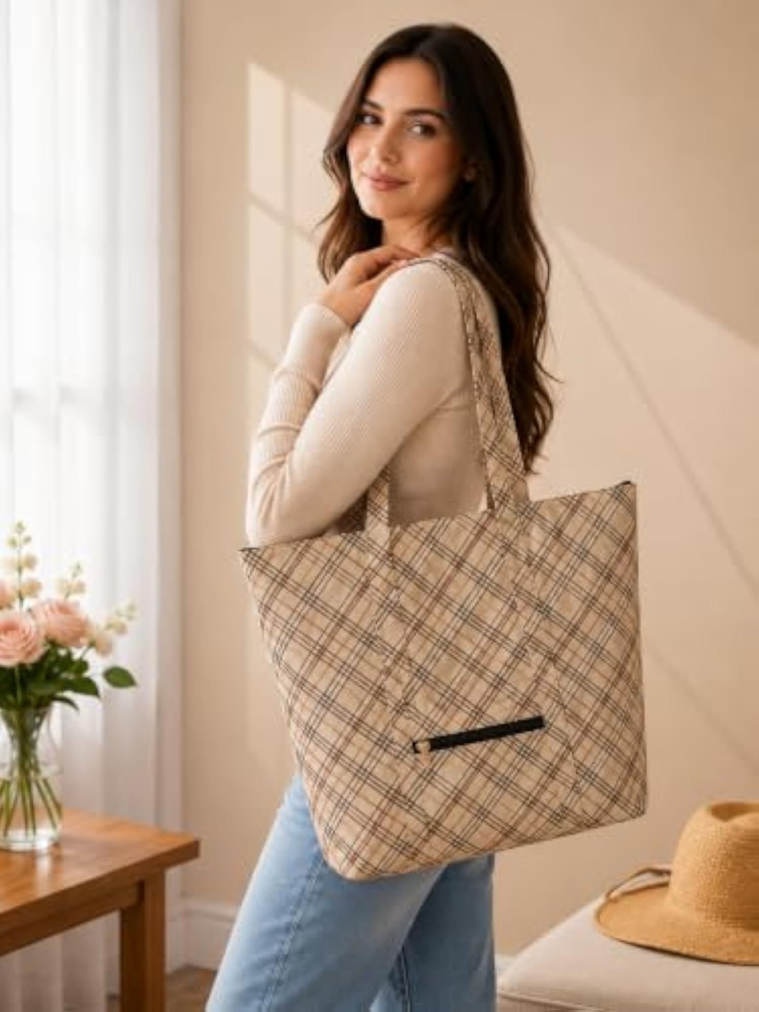 Beige Checkered Foldable Waterproof Travel Tote Bag for Women