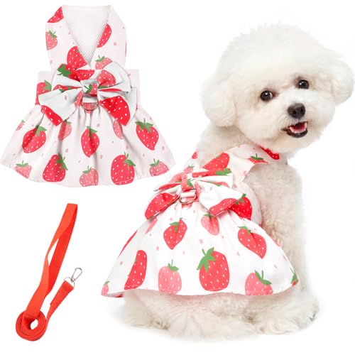 BAOBICUTE Dog Dress Harness Dresses Leash Set for Small Dogs Cute Girl Dog Clothes with Bowknot Puppy Outfits for Shih Tzu Yorkies Chihuahua