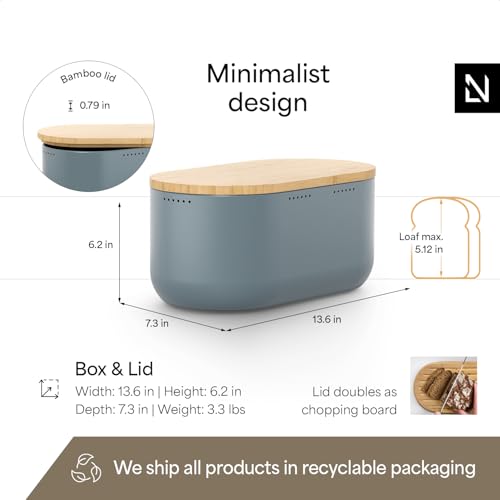 Image of LARS NYSOM Bread Box I Metal bread box for long lasting freshness with non-slip pads I Baked goods Bin with bamboo lid usable as cutting board I 13.6x7.3x6.2in (Stone Blue)