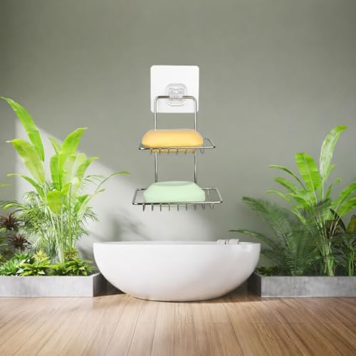 Image of Self Adhesive Soap Dish Holder, Stainless Steel Double Layer Soap Stand, Wall Mounted Bathroom Organizer, Kitchen Storage Rack (Silver, Pack of 2)